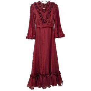 VINTAGE 70s Burgundy Chiffon Bell Sleeves Ruffle Evening Gown/Maxi Dress Sz. 6-8